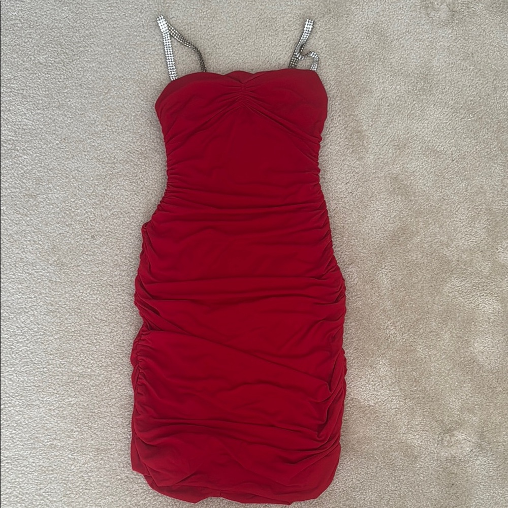 Moda International Strapless Red Dress with Silver Accents